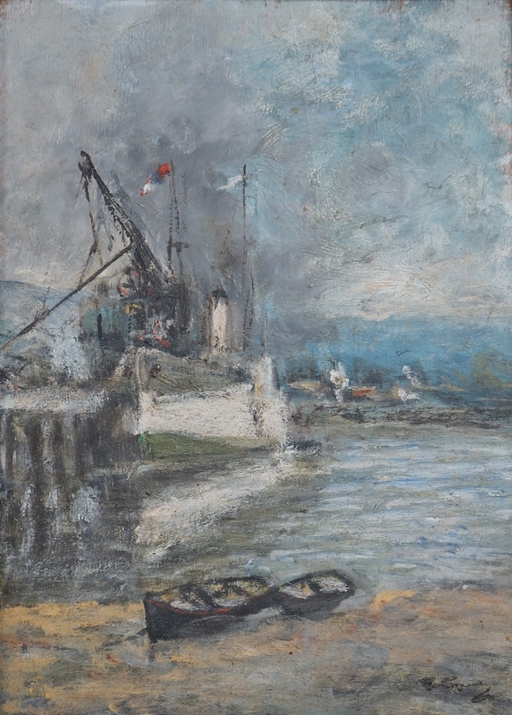 Robert D Pasquoll (1881-1927), Impressionist oil on board, Dock scene, signed, inscribed in ink verso, 37 x 27cm. Condition - fair